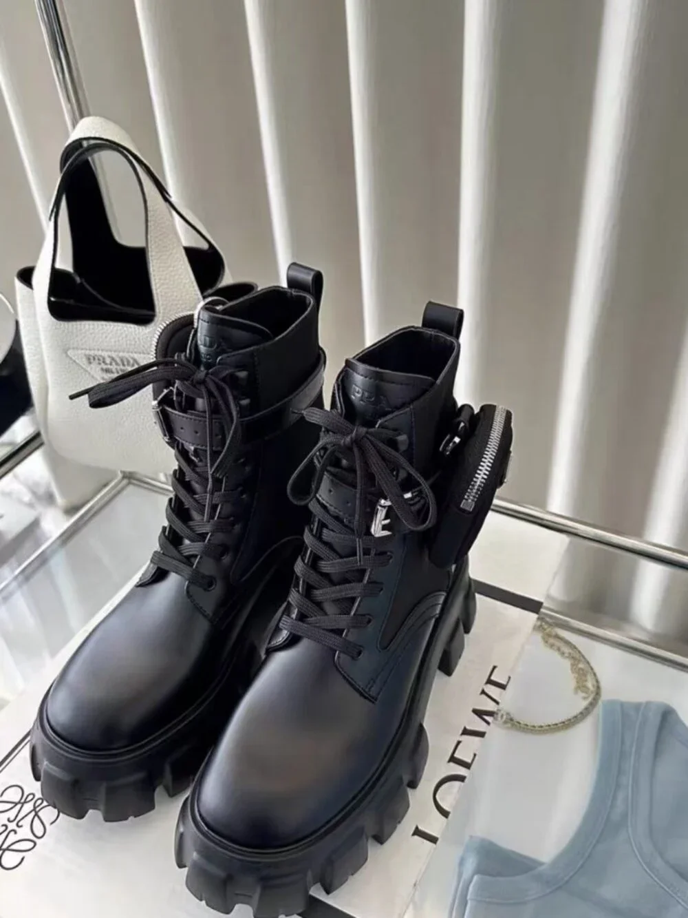 Prada Detachable Pocket Lug Sole Leather Combat Boots